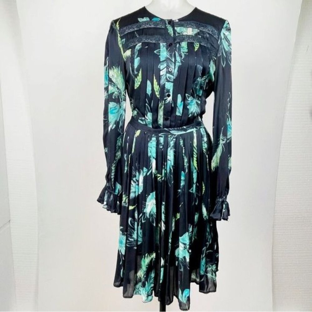 Marchesa Voyage Navy Floral 100% Silk Pleated Midi dress With Lace 2 - Picture 9 of 10